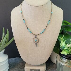 Western Dreamcatcher Turquoise Blue Bead Feather Necklace 16in